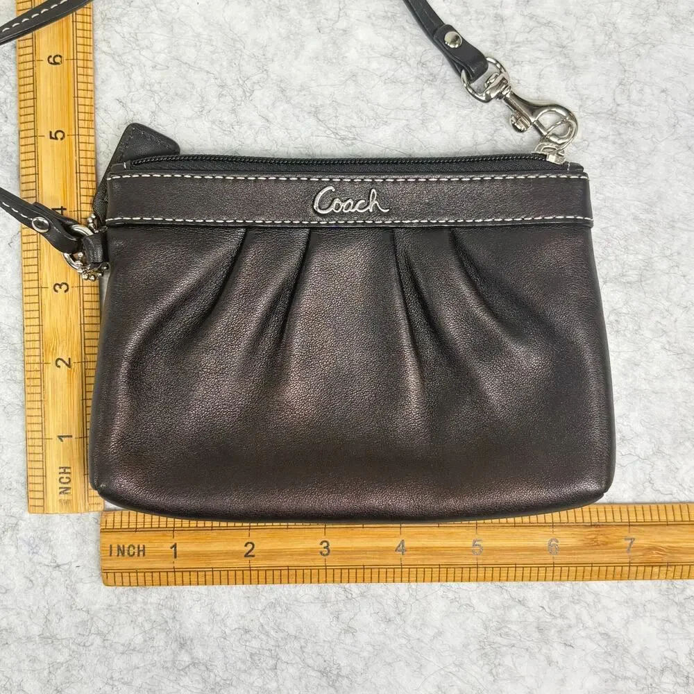 Coach Ashley Black Leather Pleated Zipper Wristlet Pouch F46302